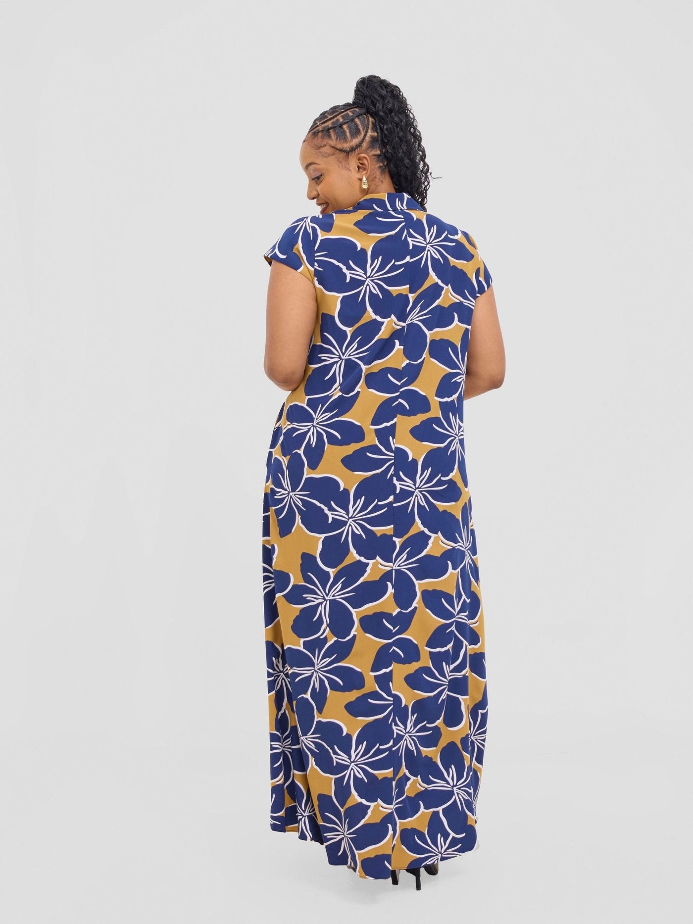 Vivo Zuri Cap Sleeved Maxi Dress - Navy / Dark Mustard Uri Print - Shopzetu