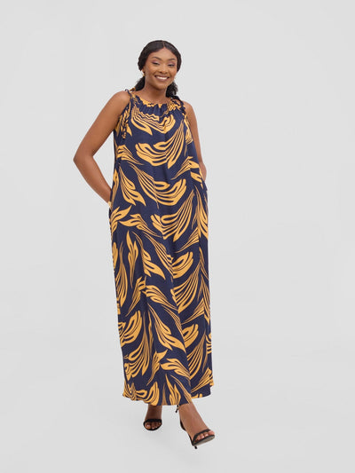 Vivo Maisha Strappy Maxi Cover Up Dress - Navy / Mustard Print - Shopzetu