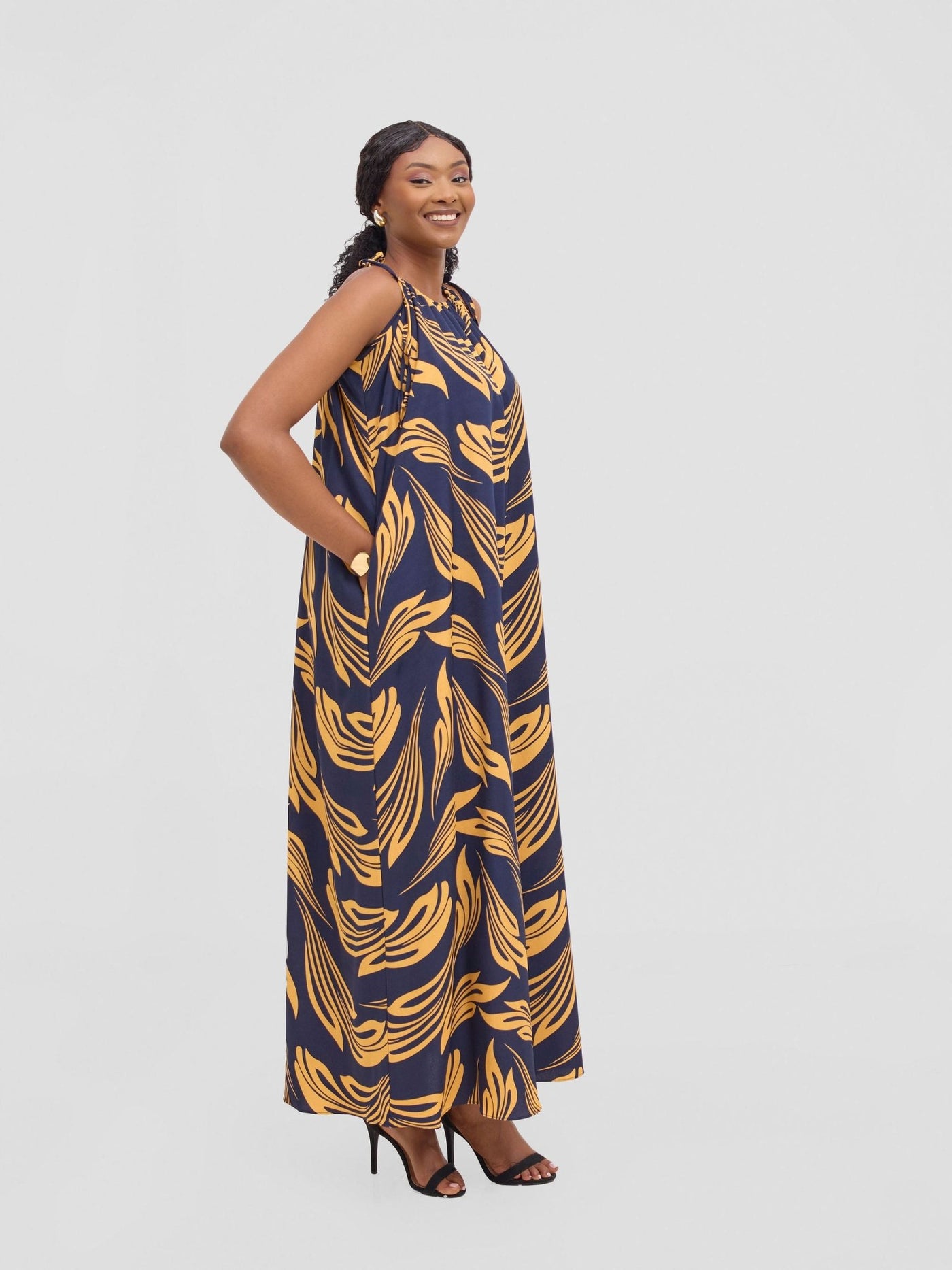 Vivo Maisha Strappy Maxi Cover Up Dress - Navy / Mustard Print - Shopzetu