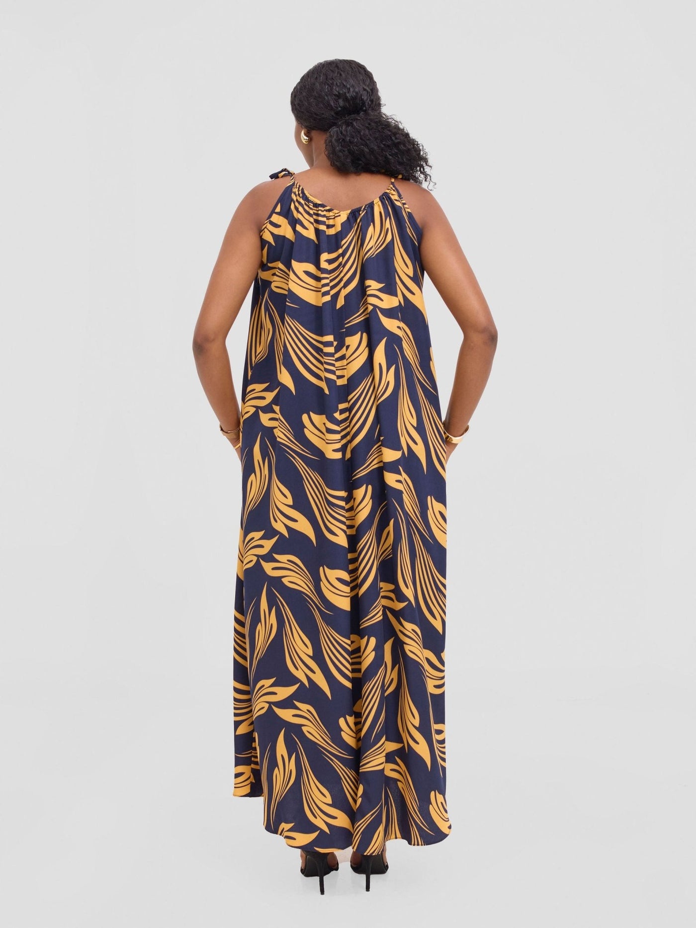 Vivo Maisha Strappy Maxi Cover Up Dress - Navy / Mustard Print - Shopzetu