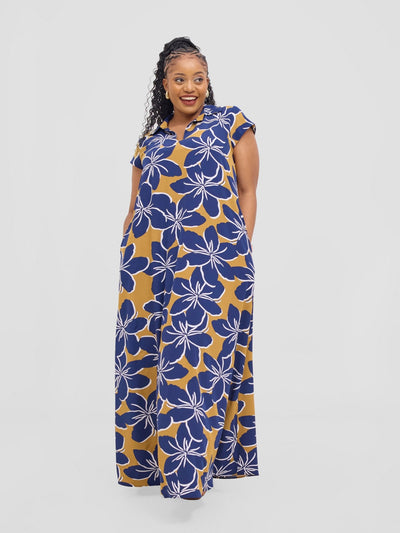 Vivo Zuri Cap Sleeved Maxi Dress - Navy / Dark Mustard Uri Print - Shopzetu