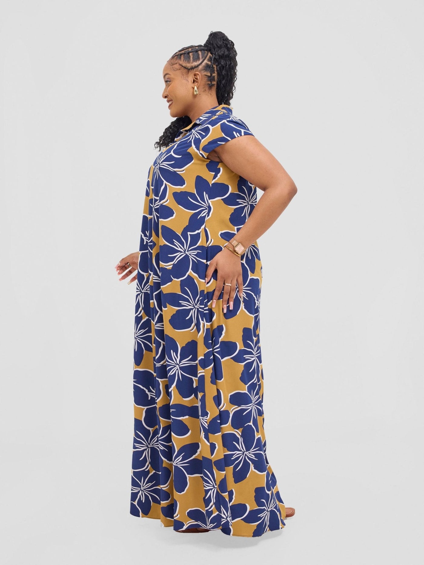 Vivo Zuri Cap Sleeved Maxi Dress - Navy / Dark Mustard Uri Print - Shopzetu