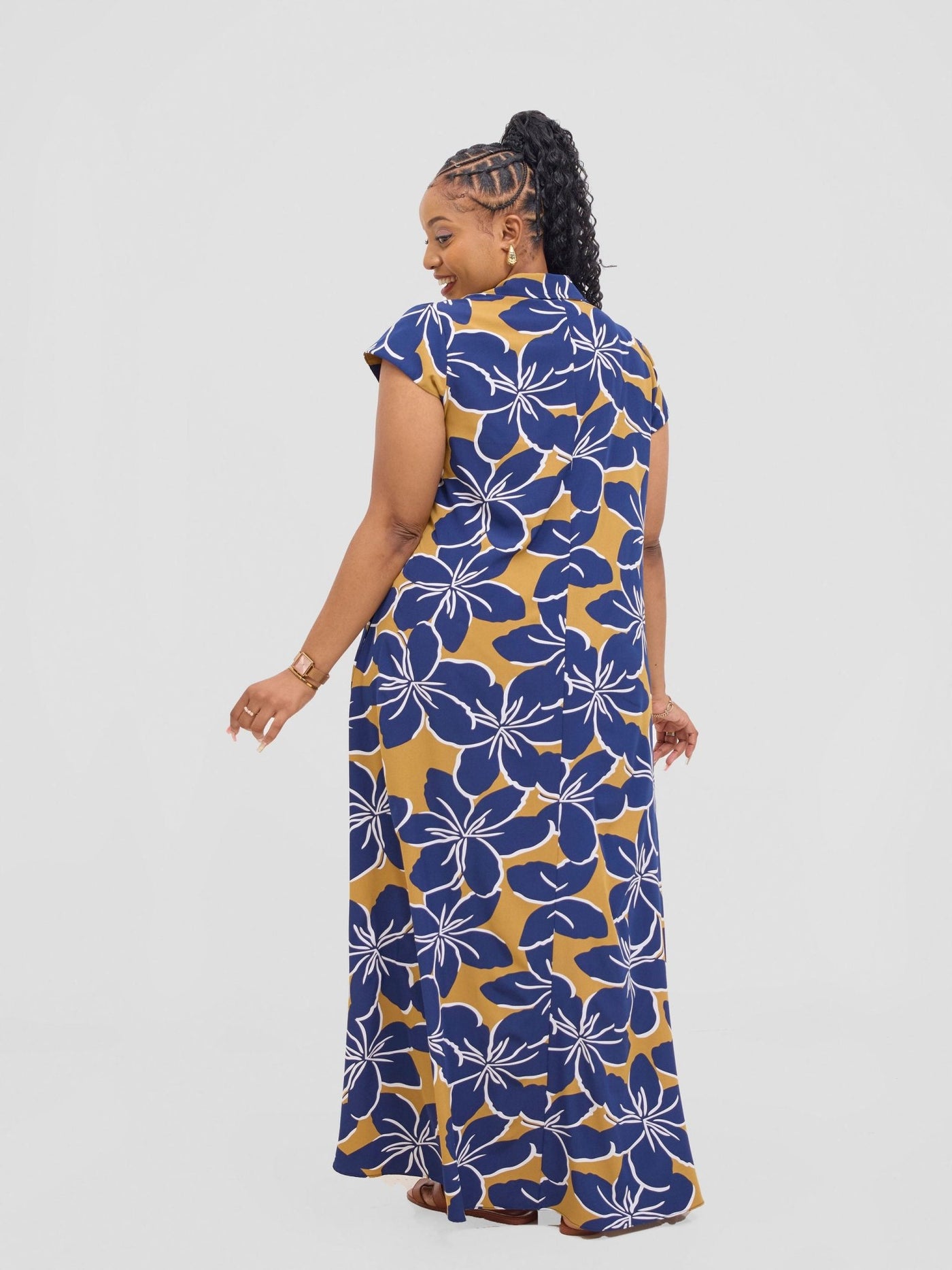 Vivo Zuri Cap Sleeved Maxi Dress - Navy / Dark Mustard Uri Print - Shopzetu