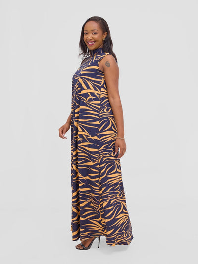 Vivo Bissa Reversible Maxi Dress - Navy / Orange Print - Shopzetu