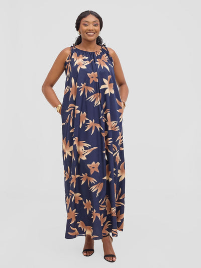 Vivo Maisha Strappy Maxi Cover Up Dress - Brown / Navy Print - Shopzetu