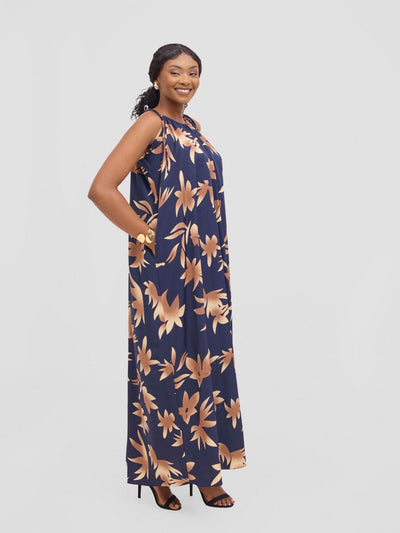 Vivo Maisha Strappy Maxi Cover Up Dress - Brown / Navy Print - Shopzetu