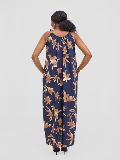 Vivo Maisha Strappy Maxi Cover Up Dress - Brown / Navy Print - Shopzetu