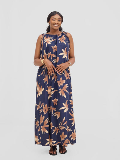 Vivo Maisha Strappy Maxi Cover Up Dress - Brown / Navy Print - Shopzetu