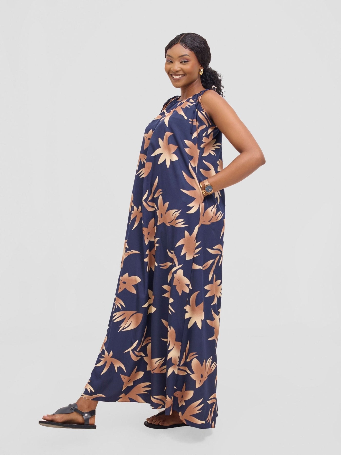 Vivo Maisha Strappy Maxi Cover Up Dress - Brown / Navy Print - Shopzetu