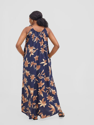 Vivo Maisha Strappy Maxi Cover Up Dress - Brown / Navy Print - Shopzetu