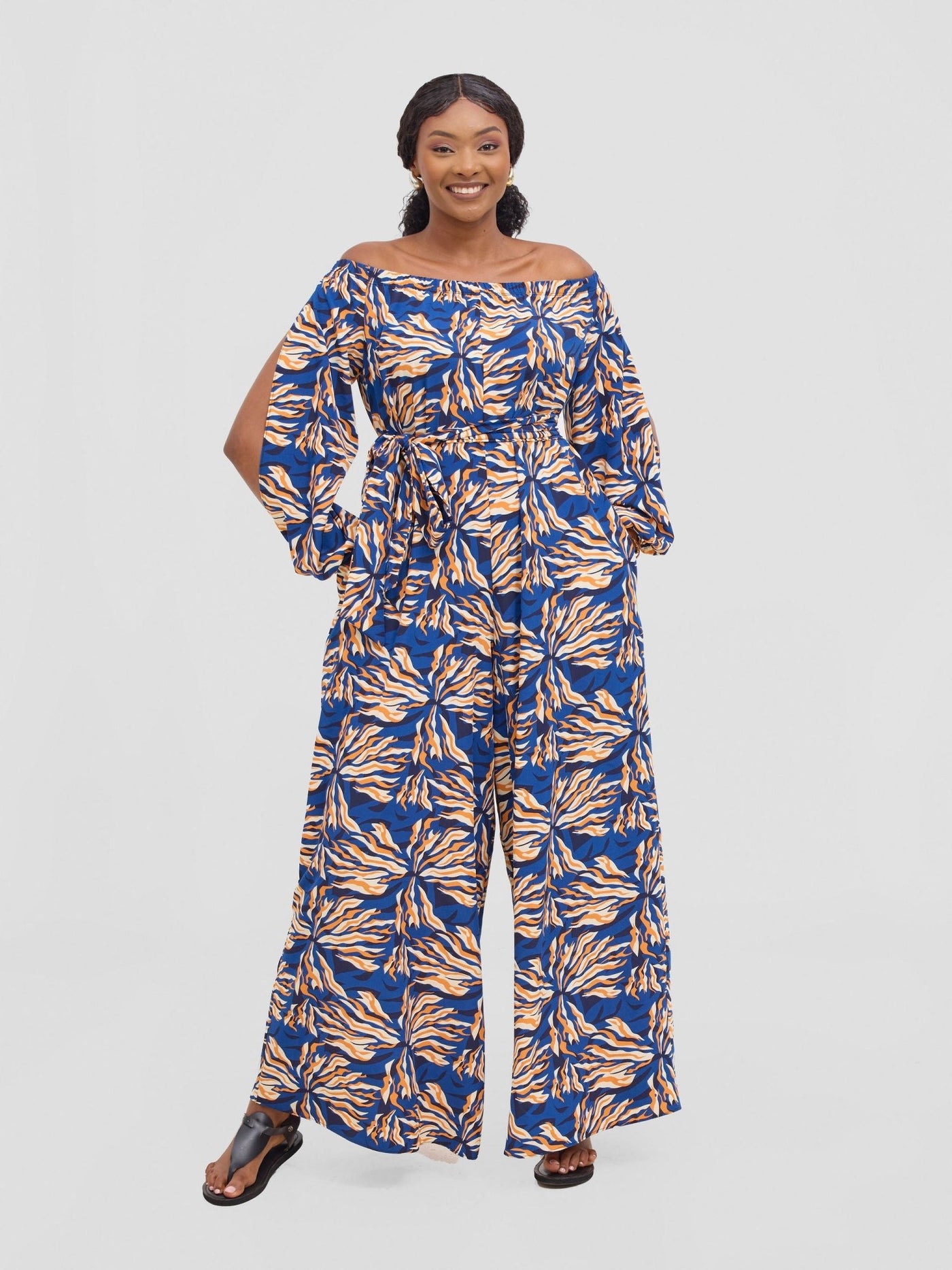 Vivo Yumi Off Shoulder Jumpsuit - Navy / Orange Miyu Print - Shopzetu