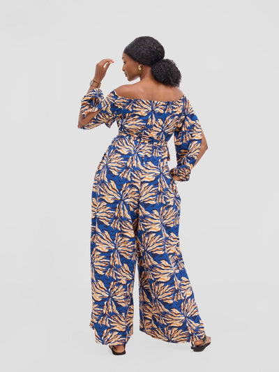 Vivo Yumi Off Shoulder Jumpsuit - Navy / Orange Miyu Print - Shopzetu