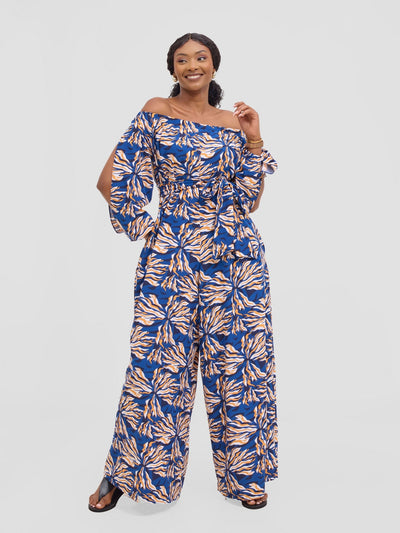 Vivo Yumi Off Shoulder Jumpsuit - Cream / Navy Miyu Print - Shopzetu