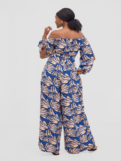 Vivo Yumi Off Shoulder Jumpsuit - Cream / Navy Miyu Print - Shopzetu