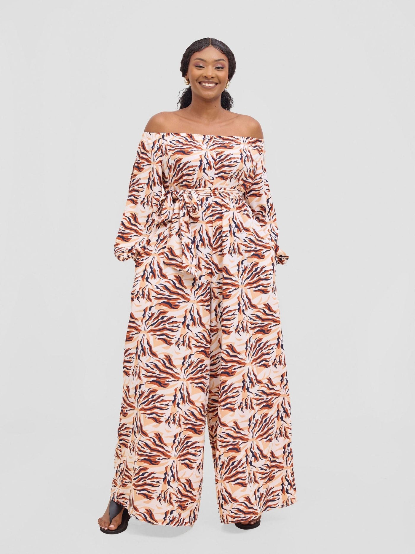 Vivo Yumi Off Shoulder Jumpsuit - Rust / Black Miyu Print - Shopzetu