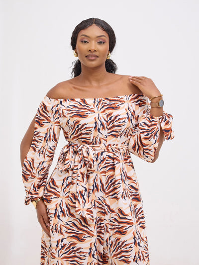 Vivo Yumi Off Shoulder Jumpsuit - Rust / Black Miyu Print - Shopzetu