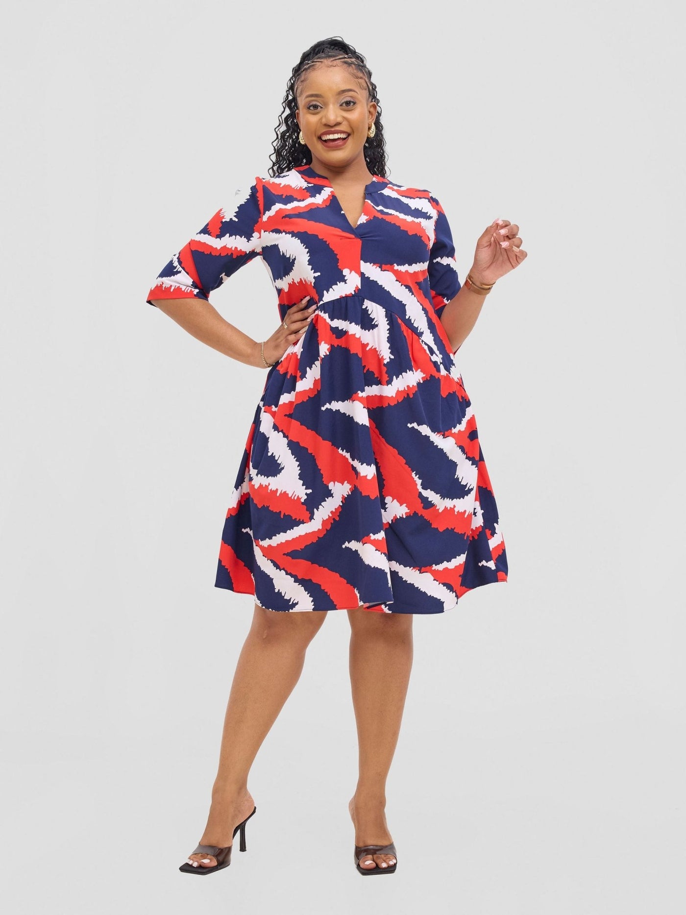 Vivo Reba Gathered Dress - Red / Navy Eba Print - Shopzetu