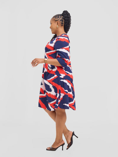 Vivo Reba Gathered Dress - Red / Navy Eba Print - Shopzetu