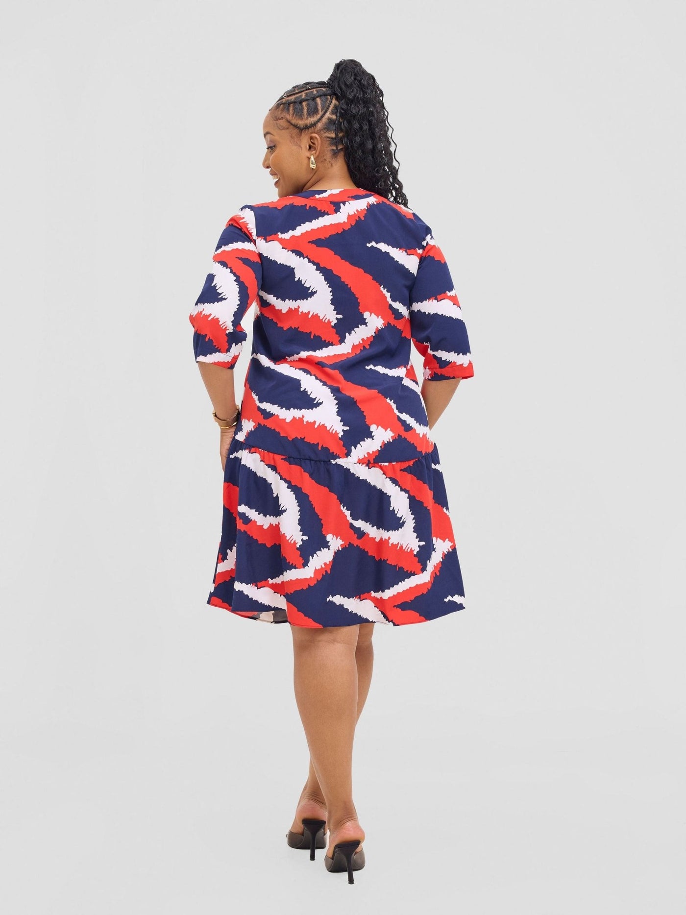 Vivo Reba Gathered Dress - Red / Navy Eba Print - Shopzetu