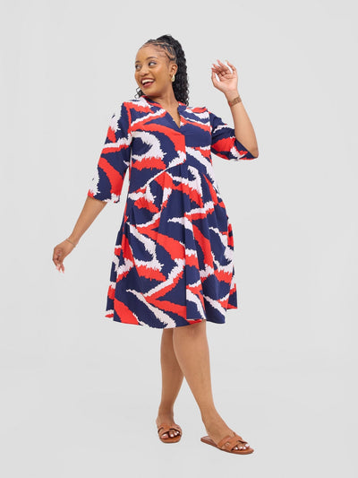 Vivo Reba Gathered Dress - Red / Navy Eba Print - Shopzetu