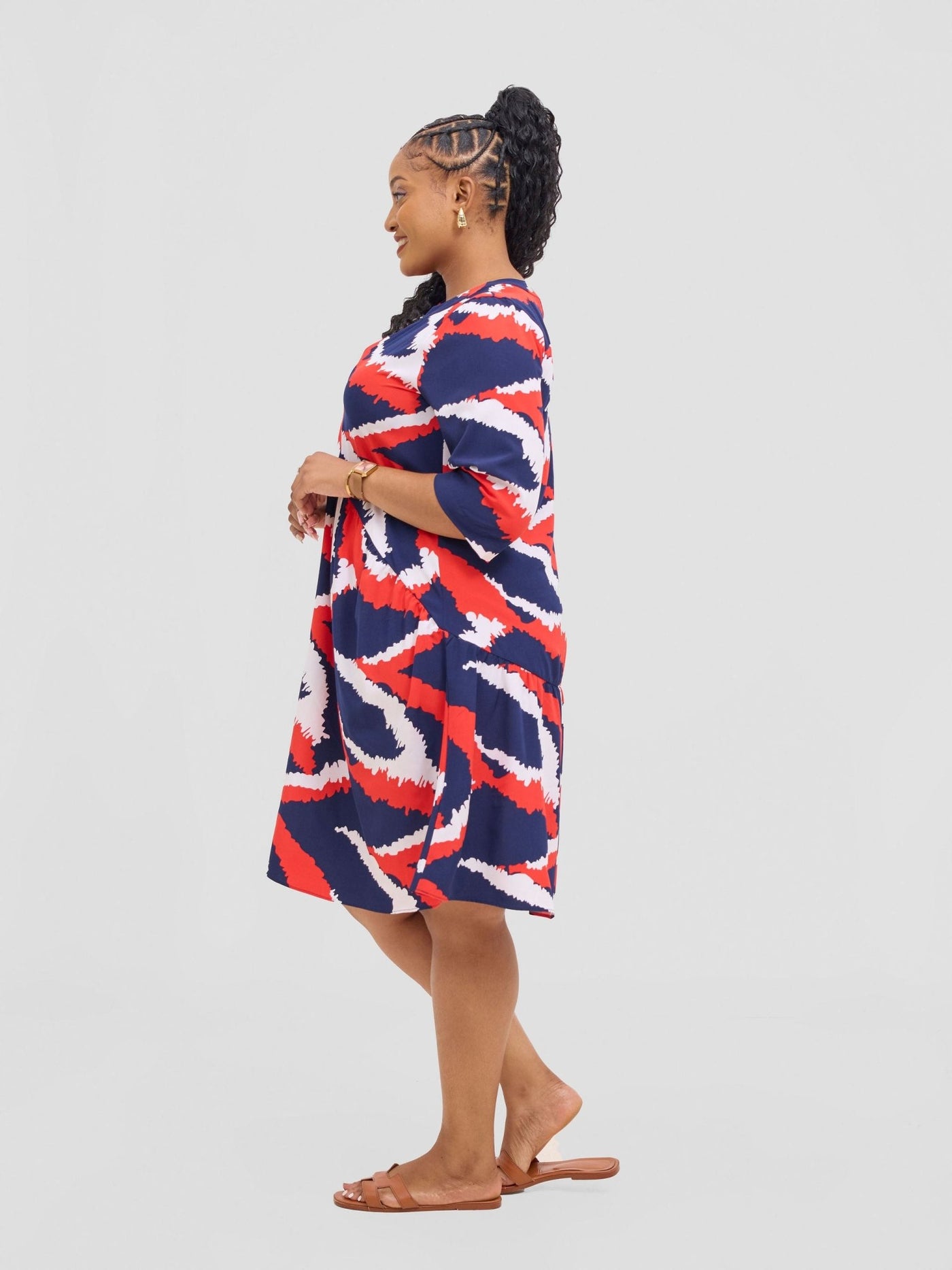 Vivo Reba Gathered Dress - Red / Navy Eba Print - Shopzetu