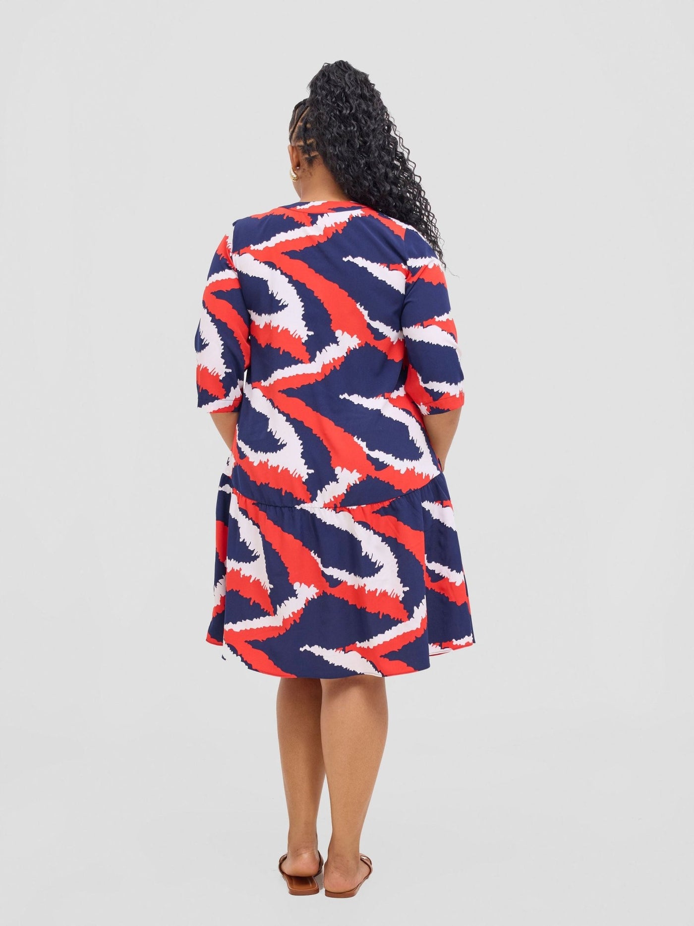 Vivo Reba Gathered Dress - Red / Navy Eba Print - Shopzetu