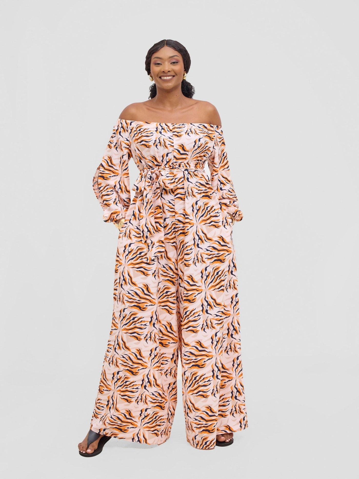 Vivo Yumi Off Shoulder Jumpsuit - Orange / Black Miyu Print - Shopzetu