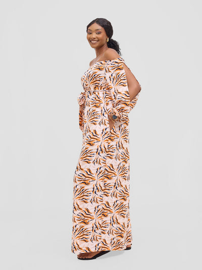 Vivo Yumi Off Shoulder Jumpsuit - Orange / Black Miyu Print - Shopzetu