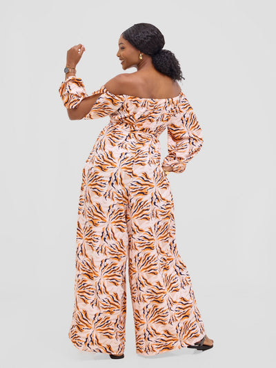 Vivo Yumi Off Shoulder Jumpsuit - Orange / Black Miyu Print - Shopzetu