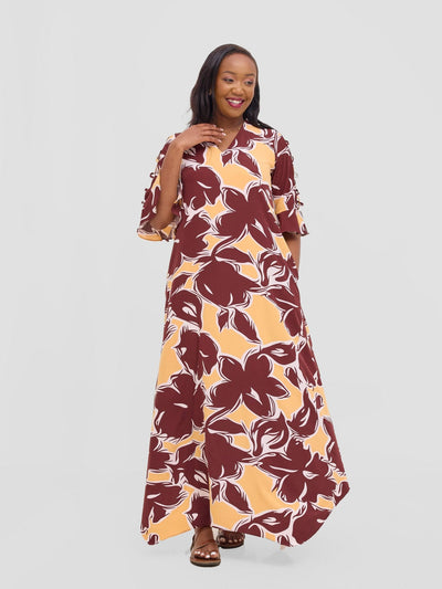 Vivo Dali 3/4 Cut Out Sleeve Maxi Dress - Burgundy / Peach Print - Shopzetu