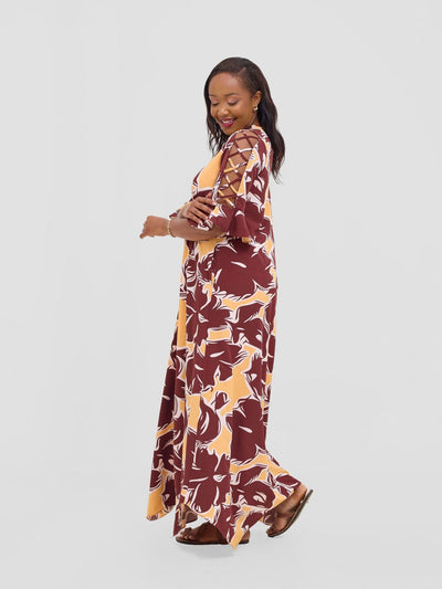 Vivo Dali 3/4 Cut Out Sleeve Maxi Dress - Burgundy / Peach Print - Shopzetu