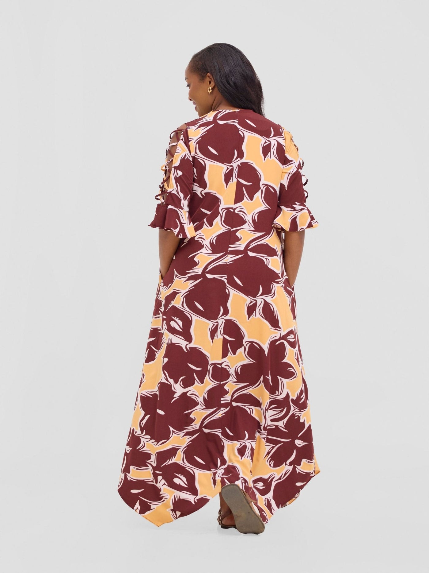 Vivo Dali 3/4 Cut Out Sleeve Maxi Dress - Burgundy / Peach Print - Shopzetu