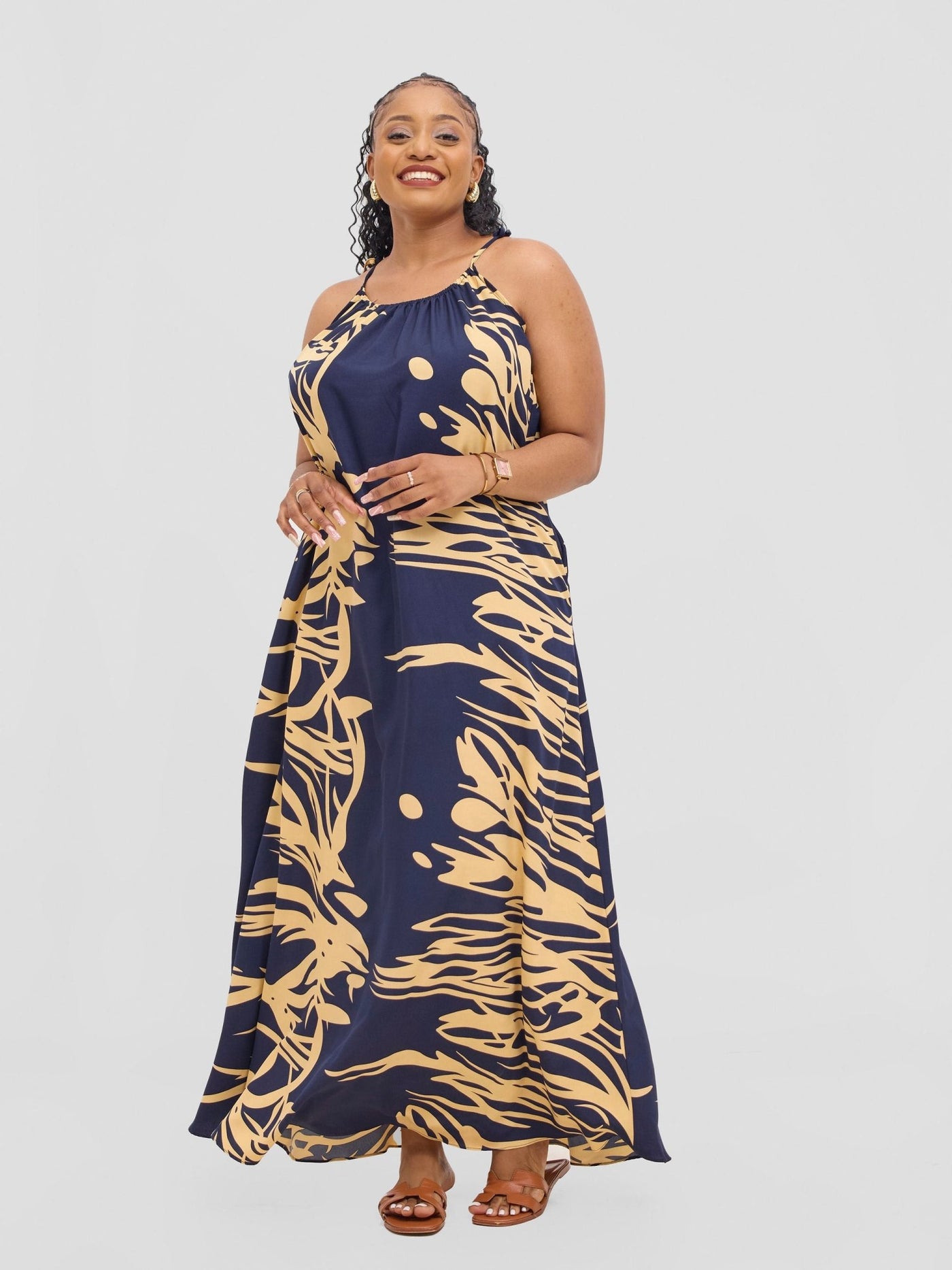 Vivo Maisha Strappy Maxi Cover Up Dress - Navy / Cream Print - Shopzetu