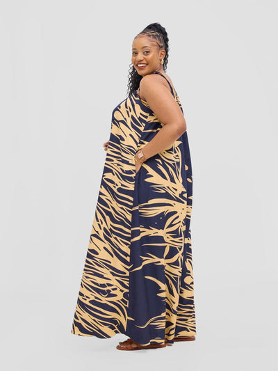 Vivo Maisha Strappy Maxi Cover Up Dress - Navy / Cream Print - Shopzetu