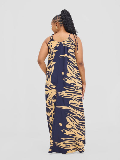 Vivo Maisha Strappy Maxi Cover Up Dress - Navy / Cream Print - Shopzetu