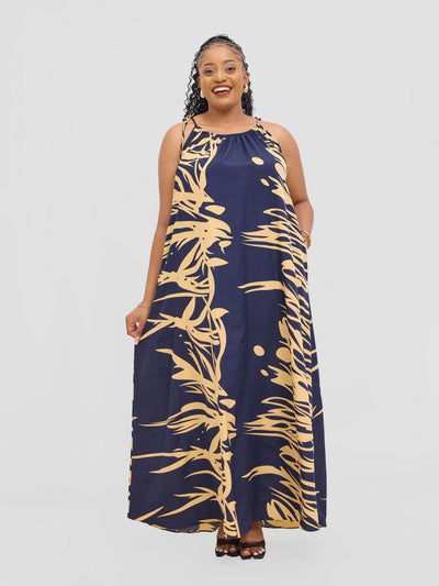 Vivo Maisha Strappy Maxi Cover Up Dress - Navy / Cream Print - Shopzetu