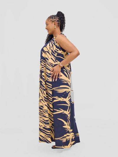 Vivo Maisha Strappy Maxi Cover Up Dress - Navy / Cream Print - Shopzetu