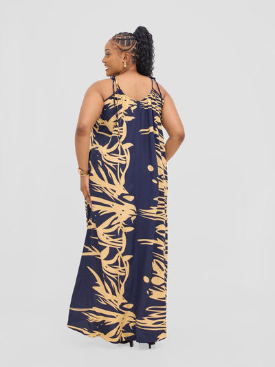 Vivo Maisha Strappy Maxi Cover Up Dress - Navy / Cream Print - Shopzetu