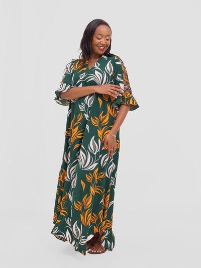 Vivo Dali 3/4 Cut Out Sleeve Maxi Dress - Green / Orange Print - Shopzetu