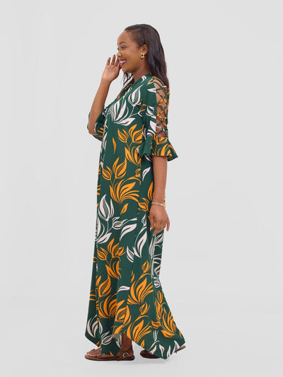 Vivo Dali 3/4 Cut Out Sleeve Maxi Dress - Green / Orange Print - Shopzetu