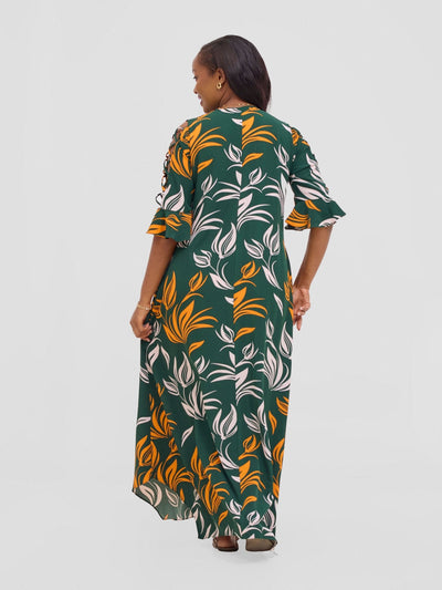 Vivo Dali 3/4 Cut Out Sleeve Maxi Dress - Green / Orange Print - Shopzetu