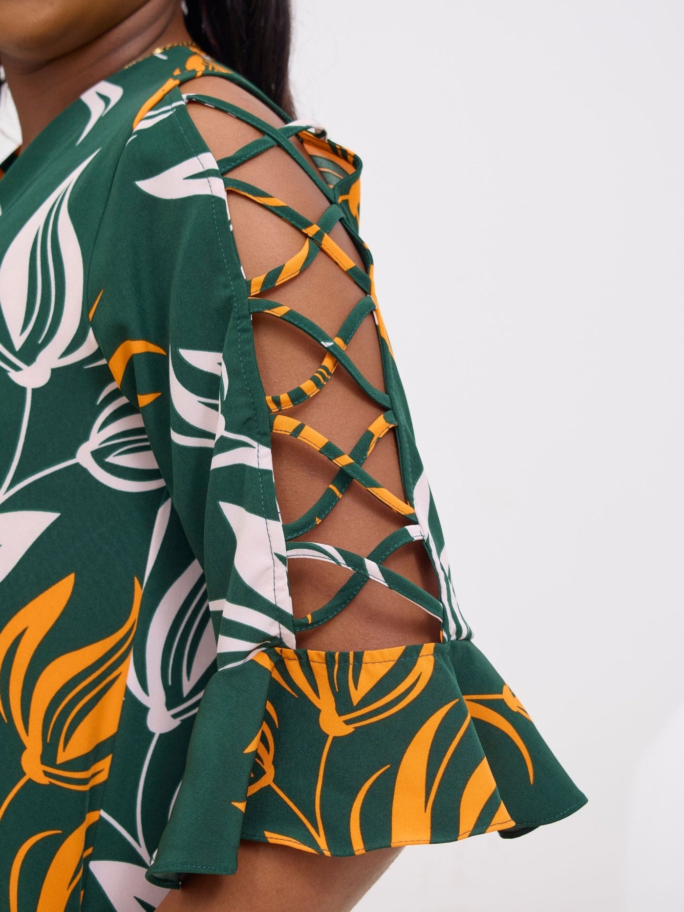 Vivo Dali 3/4 Cut Out Sleeve Maxi Dress - Green / Orange Print - Shopzetu