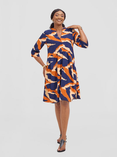 Vivo Reba Gathered Dress - Navy / Rust Eba Print - Shopzetu