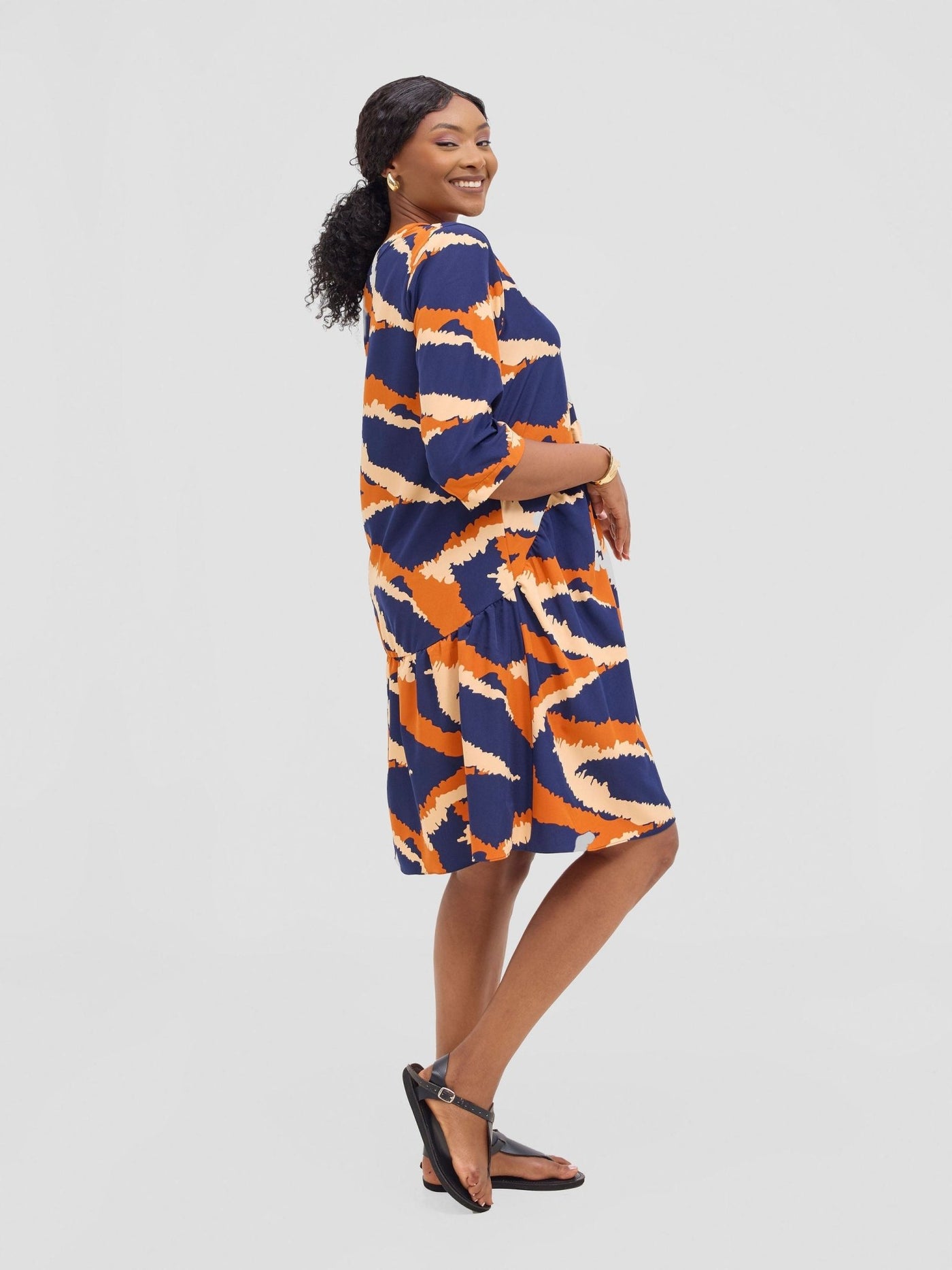 Vivo Reba Gathered Dress - Navy / Rust Eba Print - Shopzetu