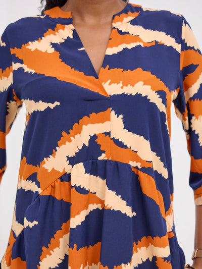 Vivo Reba Gathered Dress - Navy / Rust Eba Print - Shopzetu