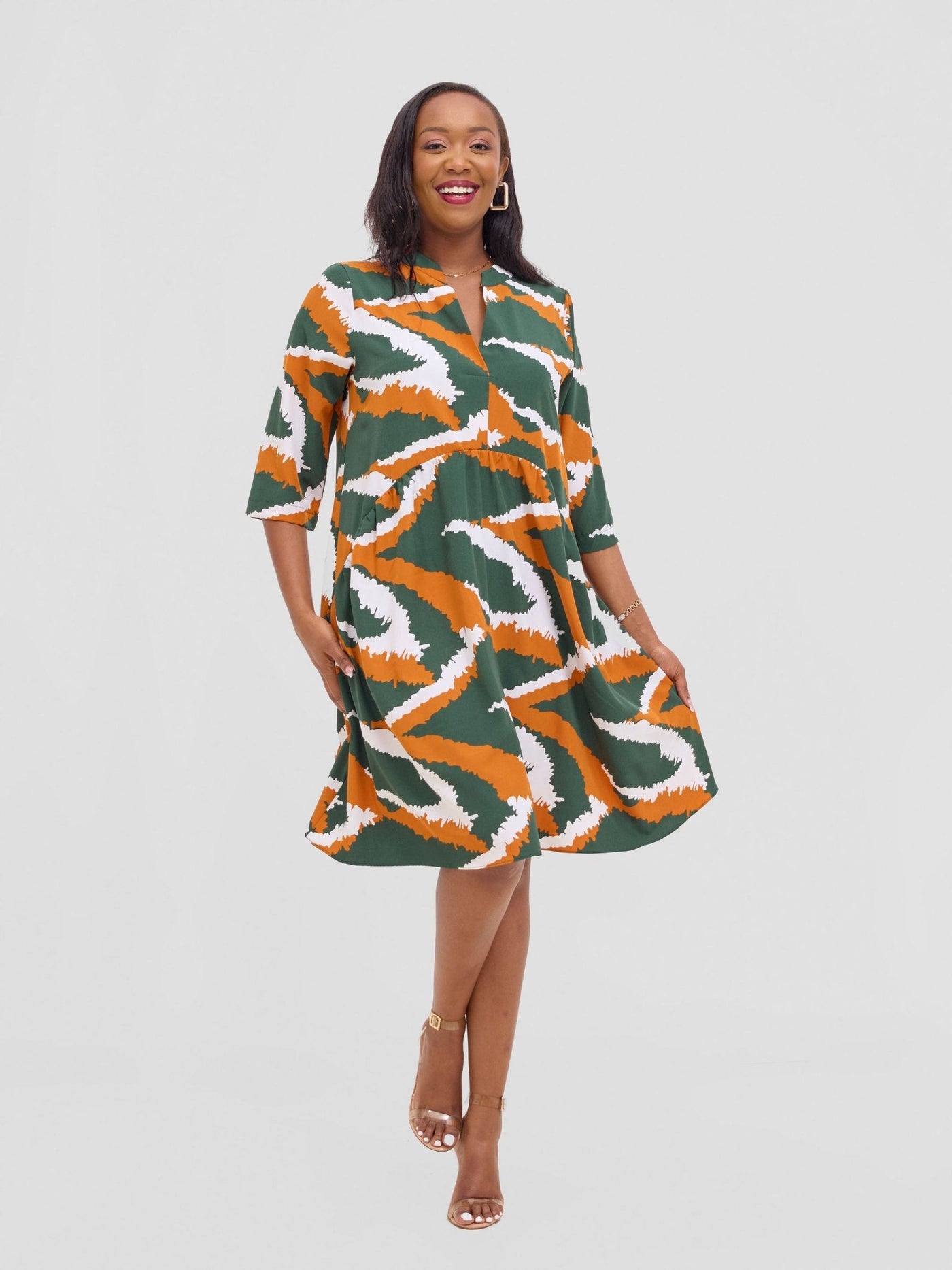 Vivo Reba Gathered Dress - Green / Mustard Eba Print - Shopzetu