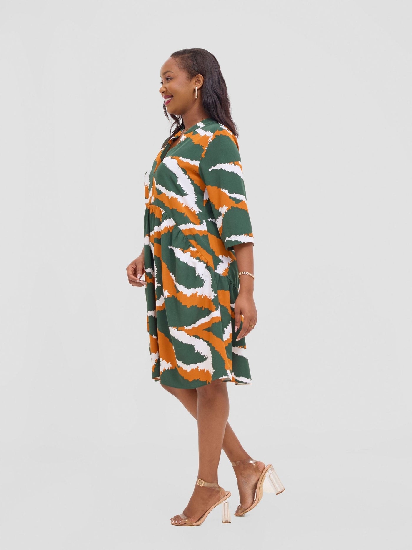 Vivo Reba Gathered Dress - Green / Mustard Eba Print - Shopzetu