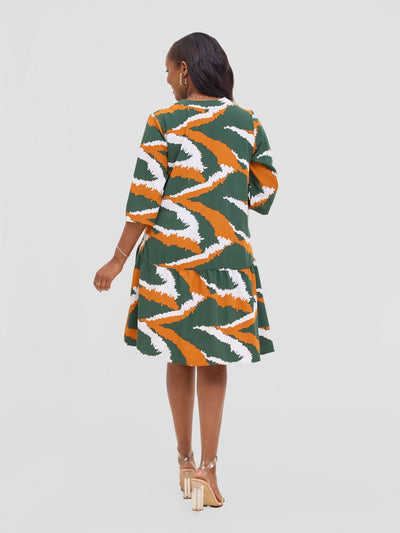 Vivo Reba Gathered Dress - Green / Mustard Eba Print - Shopzetu