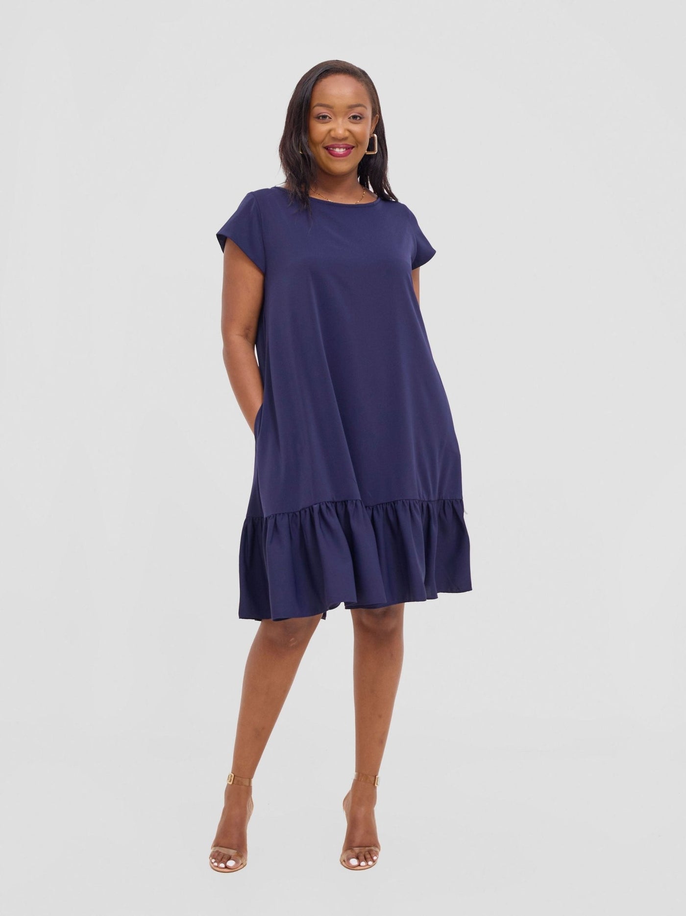 Vivo Dalia Cap Sleeve Gathered Tent Dress - Navy Blue - Shopzetu