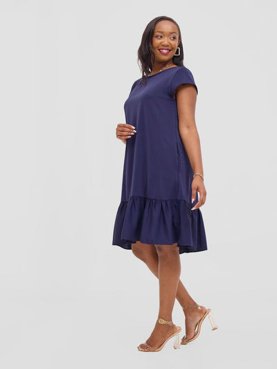 Vivo Dalia Cap Sleeve Gathered Tent Dress - Navy Blue - Shopzetu